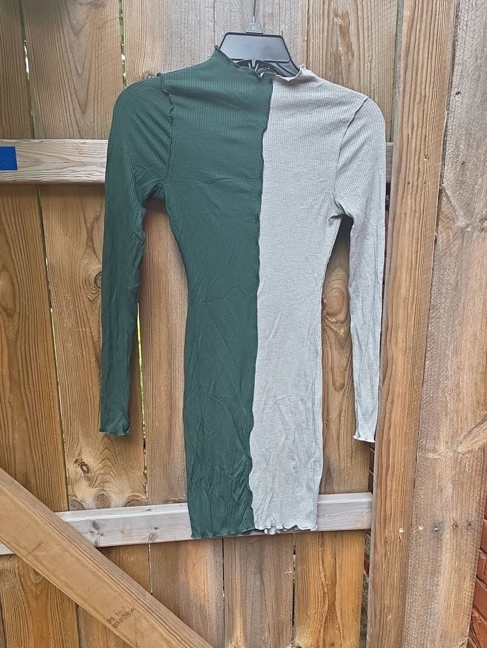 Fashion Nova Green and Gray Ribbed Two-Tone Dress